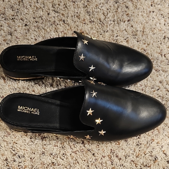 Michael Kors Black Leather Loafers with Gold Stars sz 9 - Picture 1 of 11